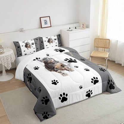 Kids Cat Comforter Set King,3D Cute Kawaii Cat Bedding Set Lovely Animal Kitten Paw Print Down Comforter for Girls Boys Cat Lovers' Bedroom,Fish Bone Decor Quilt Duvet Set Grey White 2 Pillow Cases