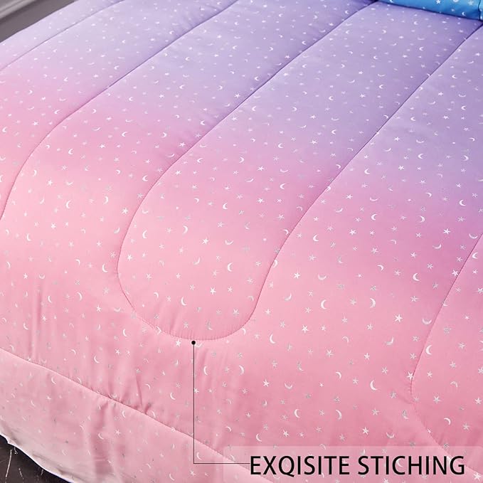 Pink Glitter Comforter Set for Teen Girls Women,Twin Size 4 Piece Bed in A Bag,Metallic Star Moon Printed Rainbow Comforter and Sheets,Ultra Soft Microfiber All Season Bedding Set(Twin,Green)