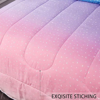 Pink Glitter Comforter Set for Teen Girls Women,Twin Size 4 Piece Bed in A Bag,Metallic Star Moon Printed Rainbow Comforter and Sheets,Ultra Soft Microfiber All Season Bedding Set(Twin,Green)