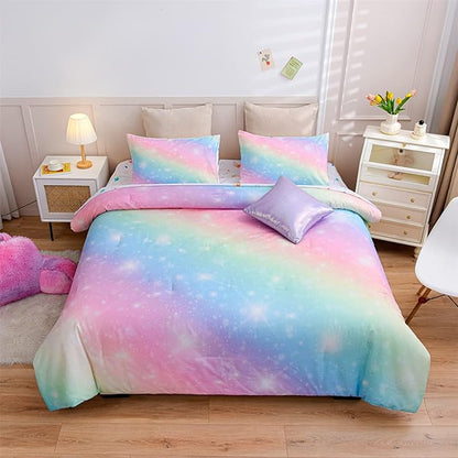 A Nice Night 6Pcs Gradient Glitter Bedding Set for Girls Full Size, Colorful Rainbow Galaxy Comforter Set, Ultra Soft Bedding Sets, Pink