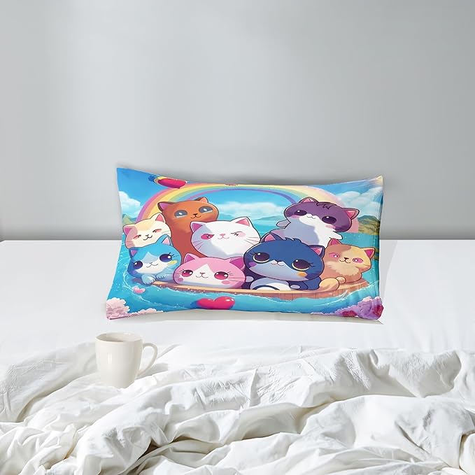 Cat Comforter Set - Cartoon Cat Bedding Sets Twin Comforter Set for Girls Kids Cute Kitty Design Animal Bedding Soft Breathable Cat Quilt for All Season, 1 Comforter 1 Pillowcase