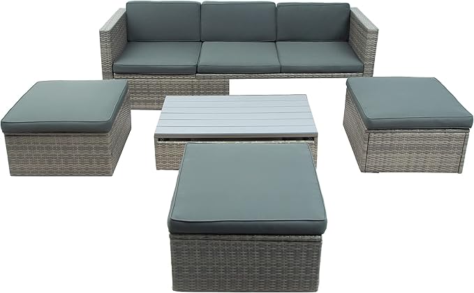 5-Piece Patio Furniture Sets Wicker Outdoor Sofa Couch with Adustable Backrest, Ottomans and Lift Top Coffee Table, Onesize, Gray