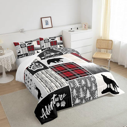 Deer Antlers Comforter Set Queen Size,Bear Paws Pine Trees Xmas Bedding Set for Kids Boys Girls Adults Room Decor,Lattices Patchwork Rustic Farmhouse Down Comforter,Red Duvet Insert,2 Pillowcases