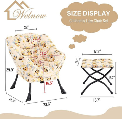 Welnow Toddler Kids Lazy Chair with Ottoman, Glow in The Dark Accent Comfy Lounge Children Armchair Couch with Removable Cover, Detachable Reading Chair with Footrest for Boy or Girl, Bees