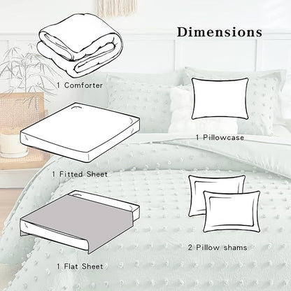 6 Pieces Tufted Dots Bed in a Bag Twin Comforter Set with Sheets Green , Soft and Embroidery Shabby Chic Boho Bohemian Comforters, Solid Color with Pom Pom Design, Jacquard Tufts Bedding Set for Kids