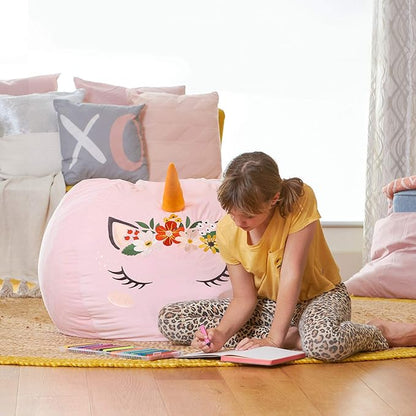 Aubliss Stuffed Animal Storage, Velvet Bean Bag Chairs Cover, X-Large 38" Ultra Soft Kids Toy Storage Organizer for Blankets Towels Clothes, Unicorn Pink Floral