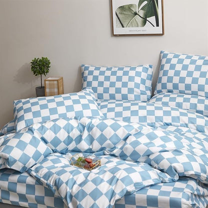 Wellboo Blue White Plaid Comforter Sets King Women Men Light Blue and White Checkerboard Grid Bedding Comforters Cotton Boys Girls Modern Dusty Blue Checkered Geometric Quilts Luxury Sky Blue Bed