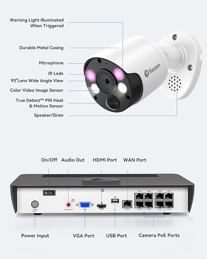 Swann Home Security Camera System with 2TB HDD, 8 Channel 8 Cam, POE Cat5e NVR 4K HD Video, Indoor or Outdoor Wired Surveillance CCTV, Color Night Vision, Heat Motion Detection, LED Lights, 886808FB