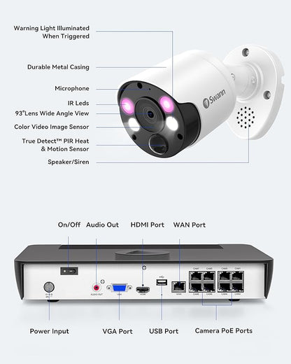 Swann Home Security Camera System with 2TB HDD, 8 Channel 8 Cam, POE Cat5e NVR 4K HD Video, Indoor or Outdoor Wired Surveillance CCTV, Color Night Vision, Heat Motion Detection, LED Lights, 886808FB