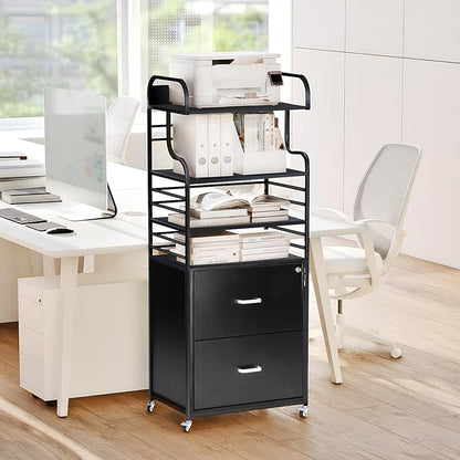 Vertical File Cabinet, 2 Drawer Mobile Filing Cabinet with 3 Bookshelf, Printer Stand with Open Storage Shelves Fits A4/Letter/Legal Size File Cabinets for Home Office Organizer, Black