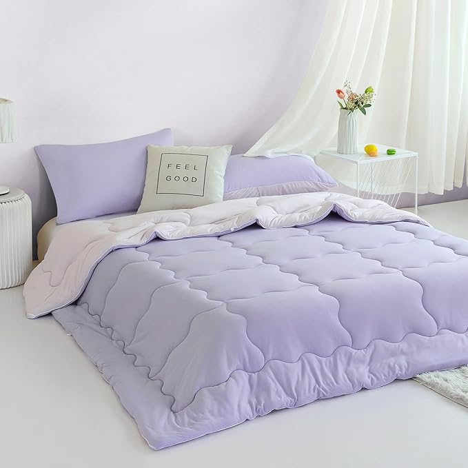 COTTEBED Reversible Ultra-Soft Light Pink and Purple Comforter Set Queen Full Size, Jersey Knit T-Shirt Feel Cute Fluffy Lightweight Bedding Down Blanket Quilt Pillowcase for Man Women Girl All Season