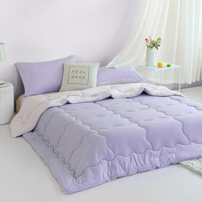COTTEBED Reversible Ultra-Soft Light Pink and Purple Comforter Set Queen Full Size, Jersey Knit T-Shirt Feel Cute Fluffy Lightweight Bedding Down Blanket Quilt Pillowcase for Man Women Girl All Season