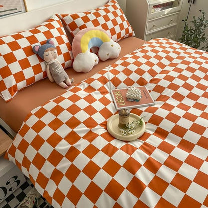 Wellboo Orange White Plaid Comforter Sets California King Women Girls Light Red Checkerboard Bedding Comforters Cal King Cotton Rust Caramel and White Checkered Geometric Quilts Modern Abstract Bed