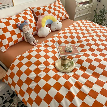 Wellboo Orange White Plaid Comforter Sets Twin Women Girls Light Red Checkerboard Bedding Comforters Cotton Rust Caramel and White Checkered Geometric Quilts Adults Modern Grid Abstract Simple Bed