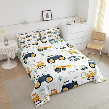 Kids Excavator Comforter Set Full Size, Equipment Trucks Bedding for Boys Girls Kids Children, Construction Vehicle Down Comforter, Cartoon Tractor Quilt Set, Yellow Blue Vehicle Duvet Insert, 3Pcs