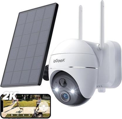 ieGeek Security Camera Outdoor, 2K Wireless WiFi 360°PTZ Camera, Solar Battery Powered Surveillance Camera with Spotlight/Siren/Motion Detection/3MP Color Night Vision,Compatible with Alexa