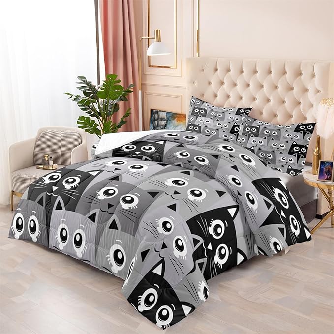 Cat Queen Comforter Set for Bedroom - 3Pcs Grey Cat Comforter Set for Teens Kids Cute Cartoon Cat Bedding Set Ultra Soft Warm Lightweight Kawaii Animal Patterns Comforter with 2 Pillowcases