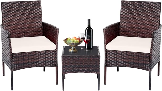 Patio Set 3 Piece Outdoor Rattan Porch Furniture with Tempered Glass Side Table & Cushion All Weather Conversation Bistro Set for Balcony,Deck,Porch (Brown/Beige)