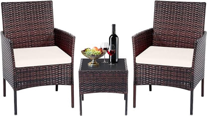 Patio Set 3 Piece Outdoor Rattan Porch Furniture with Tempered Glass Side Table & Cushion All Weather Conversation Bistro Set for Balcony,Deck,Porch (Brown/Beige)