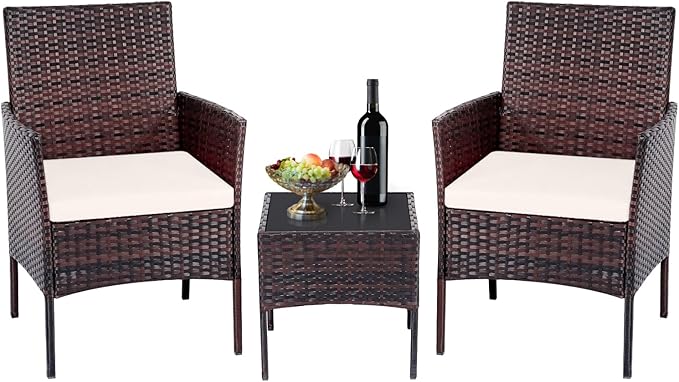 Patio Furniture Set 3 Pieces All-Weather Rattan Outdoor Furniture Patio Chairs with Tempered Glass Table for Porch Bistro Balcony Bistro Set(Brown/White)