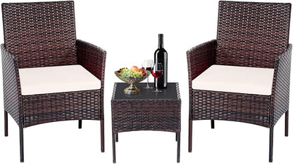 Patio Furniture Set 3 Pieces All-Weather Rattan Outdoor Furniture Patio Chairs with Tempered Glass Table for Porch Bistro Balcony Bistro Set(Brown/White)