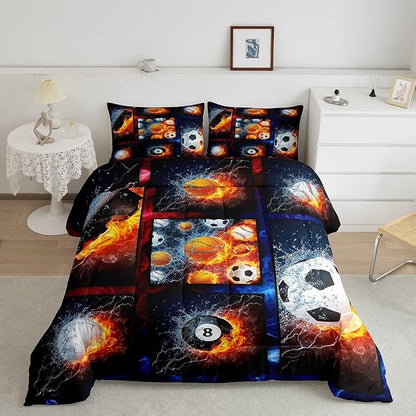 Sports Comforter Sets For Boys Queen,Teen Basketball Baseball Football Bedding Comforter Set For Men Volleyball Soccer Hockey Quilt Comforter,Red Blue Water And Fire Lightning Bed Duvet 2 Pillow Cases