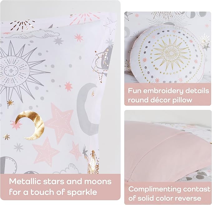 Mi Zone Kids Full Comforter Set, Celestial Metallic Comforter Set Starry Sky, Moon & Sun Comforters, All Seasons Lightweight & Fluffy Comforter Bed Set, 2 Shams, Celia, Full/Queen, Blush/Gold 4 Piece