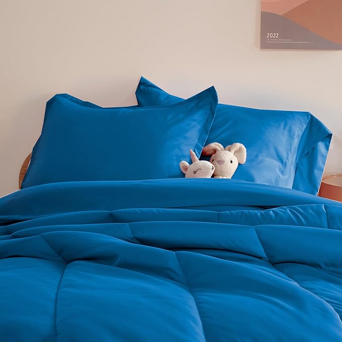 SLEEP ZONE Kids Twin Bedding Comforter Set - Super Cute & Soft Kids Bedding 5 Pieces Set with Comforter, Sheet, Pillowcase & Sham (Blue)
