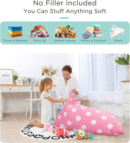 Aubliss Stuffed Animal Storage Bean Bag Chairs Cover, 50"x 35" Extra Large Bean Bags Chair for Kids & Adults, Beanbag Toy Storage for Boys Girls - Premium Cotton Canvas Pink Dot