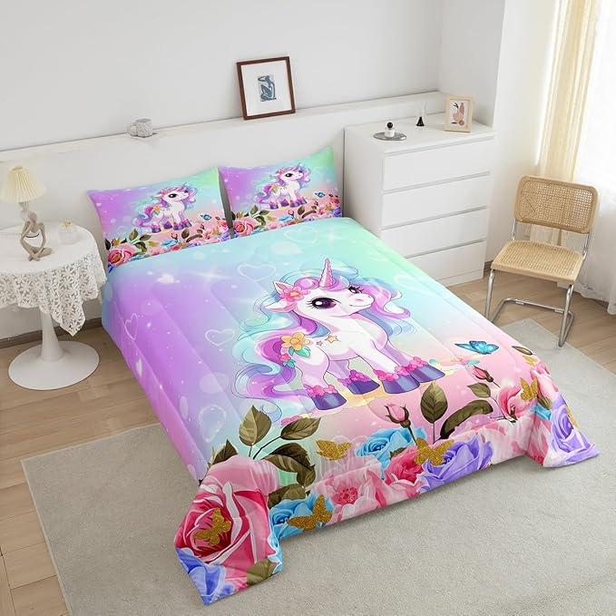 Cartoon Unicorn Kids Comforter Set Queen Size,Rose Flowers Butterfly Leaves Bedding Set,Girls Women Room Decor,Starry Sky Unicorn Cute Down Comforter,Pink Purple Romantic Duvet Insert,2 Pillowcases