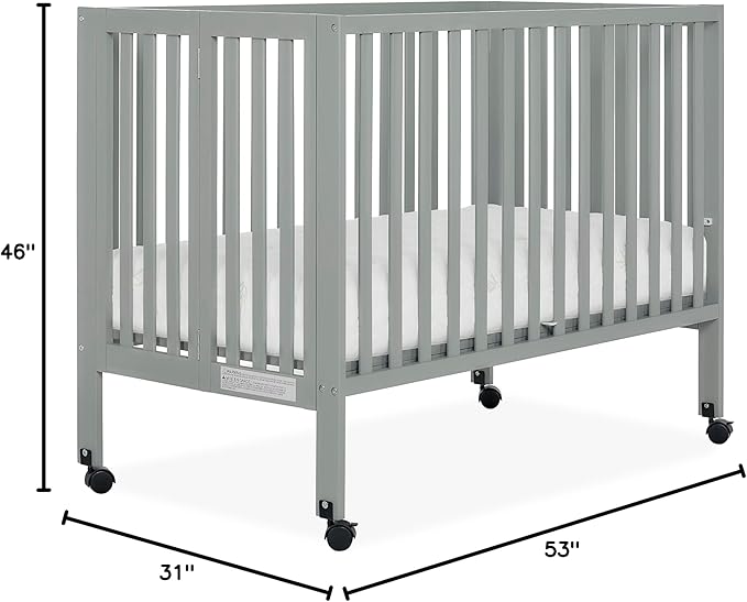 Quinn Full-Size Folding Crib in Cool Grey, Removeable Wheels, Modern Nursey, Adjustable Mattress Support, Portable Crib, Patented Folding System