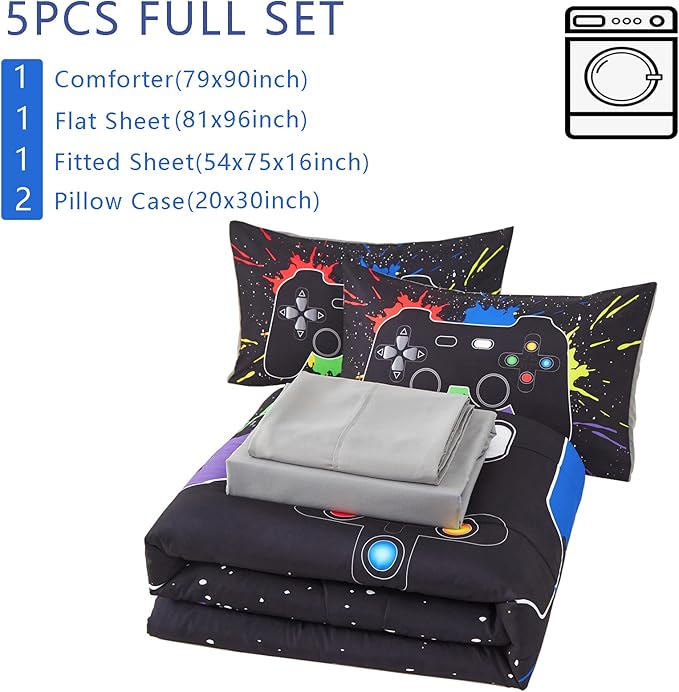 KAKKI 5 Piece Boys Full Gamer Comforter Set with Sheets, 3D Colorful Video Game Controller Comforter for Kids Teen, All Season Soft Microfiber Gaming Bedding Set(Black,Full)