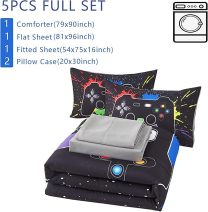 KAKKI 5 Piece Boys Full Gamer Comforter Set with Sheets, 3D Colorful Video Game Controller Comforter for Kids Teen, All Season Soft Microfiber Gaming Bedding Set(Black,Full)