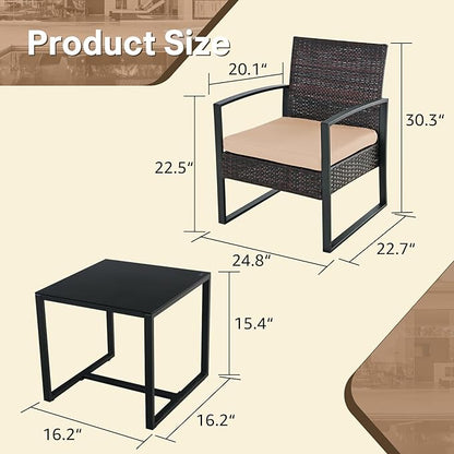 3 Pieces Patio Furniture Set, Outdoor Patio Set, Patio Bistro Set, All-Weather Wicker Conversation Set with Cushions Table for Porch Backyard (Black-Brown)