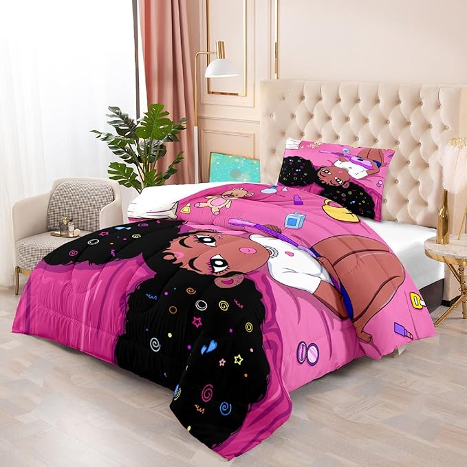 Black Girl Magic Comforter Twin Set - African American Girls Twin Comforter Sets Black Girls Twin Bedding Sets for Bedroom Decor Pink Kids Twin Comforter, 1 Comforter+1 Pillowcase