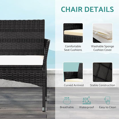 Patio Furniture, 4 Piece Conversation Set, Outdoor Wicker Rattan Table and Chairs, Sectional Sofa with Thick Cushion for Garden, Yard, or Porch, Dark Black
