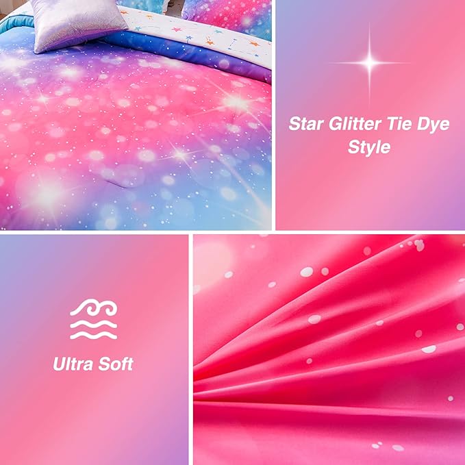 A Nice Night 6Pcs Gradient Glitter Bedding Set for Girls, Colorful Rainbow Galaxy Comforter Set, Ultra Soft Bedding Sets (Pink-Blue,Full 6Pcs)