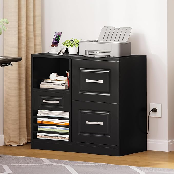 YITAHOME 3 Drawer File Cabinet, Filing Cabinet with Charging Station, Printer Stand with Open Storage Shelves, Fits for A4, Letter, Legal Size Files, Black