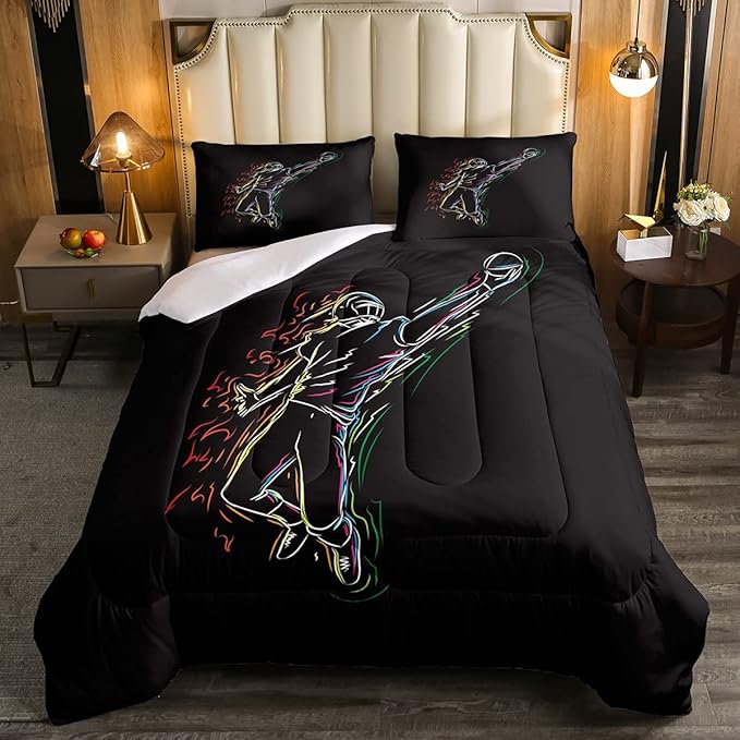 Erosebridal Boys Football Bedding Set Twin Size American Rugby Comforter Set for Kids Teen Men Bedroom Dorm Decor Sketch Football Athlete Comforter Ball Sports Quilt Duvet Insert 1 Pillow Case Black