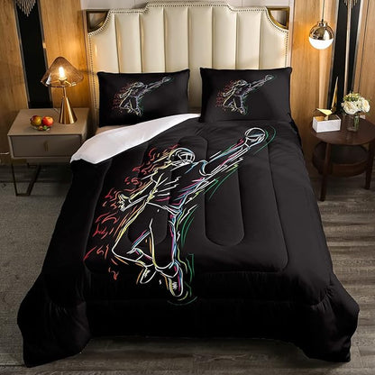 Erosebridal Boys Football Bedding Set Twin Size American Rugby Comforter Set for Kids Teen Men Bedroom Dorm Decor Sketch Football Athlete Comforter Ball Sports Quilt Duvet Insert 1 Pillow Case Black