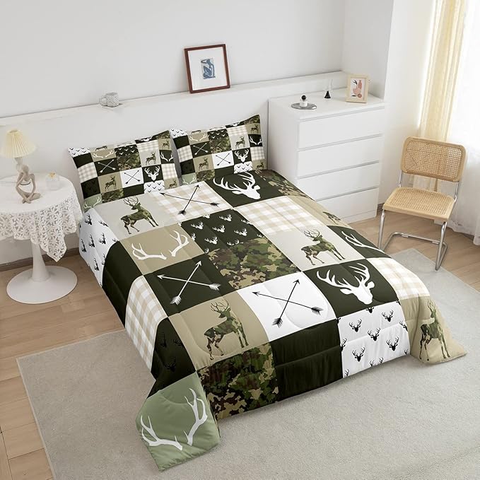 Antler Silhouette Kids Comforter Set Queen Size,Camo Green Rustic Bedding Set,Girls Boys Adults Bedroom/Xmas Decor,Geometric Plaid Patchwork Down Comforter,Arrows Boho Duvet Insert,3pcs,2 Pillowcases