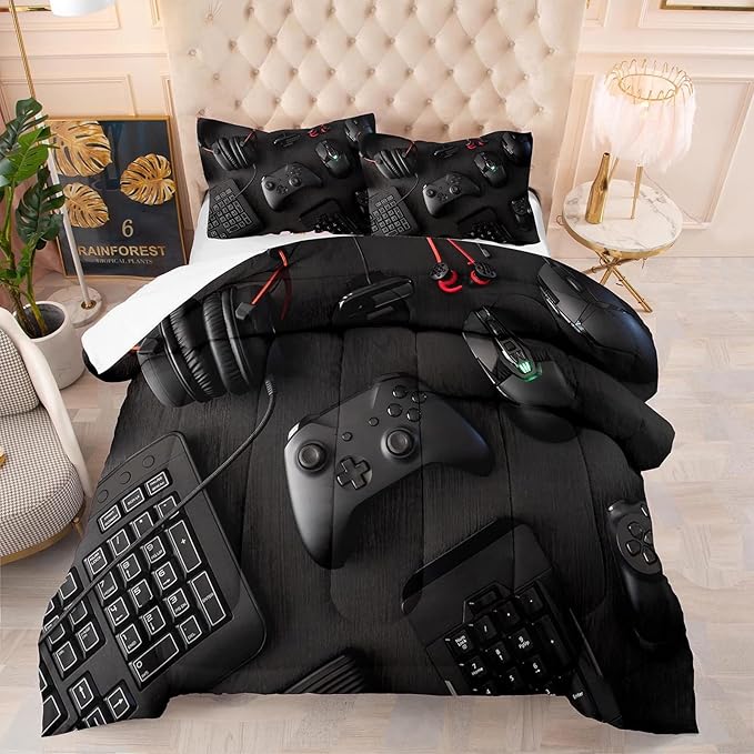 boys Gamer Comforter Set King Size,Gaming Comforter Set for Boys Kids Teens,Gamer Bedding Sets,3D Gaming Microfiber Quilts Gaming Room Decor All Season,Black