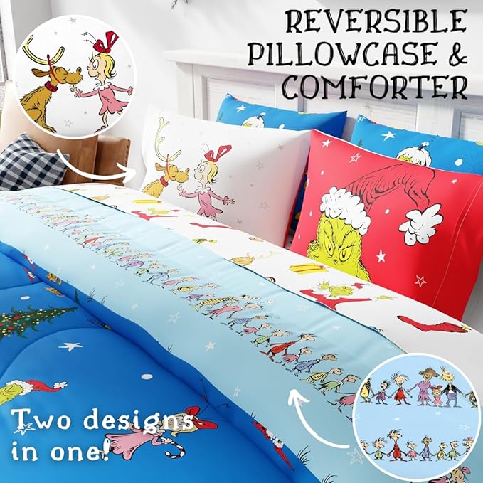 Franco Grinch by Dr. Seuss Holiday & Christmas Bedding Super Soft Comforter and Sheet Set with Sham, 7 Piece King Size (Official Dr. Seuss Product)