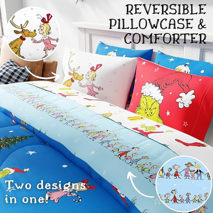 Franco Grinch by Dr. Seuss Holiday & Christmas Bedding Super Soft Comforter and Sheet Set with Sham, 7 Piece King Size (Official Dr. Seuss Product)