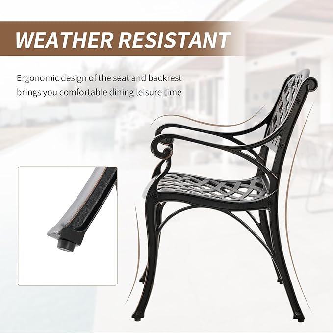 Cast Aluminum Patio Dining Set, Outdoor Bistro Set, 31.5" Round Patio Table with Umbrella Hole, 2 Patio Chairs for Yard Porch Garden Balcony
