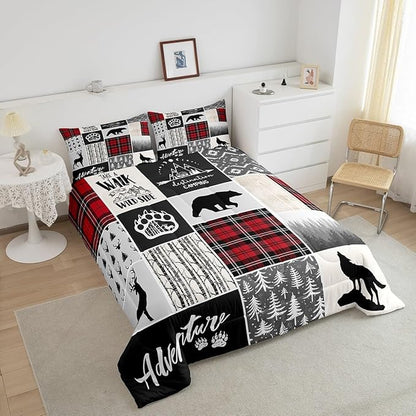 Deer Antlers Comforter Set Twin Size,Bear Paws Pine Trees Xmas Bedding Set for Kids Boys Girls Adults Room Decor,Lattices Patchwork Rustic Farmhouse Down Comforter,Red Duvet Insert,1 Pillowcase
