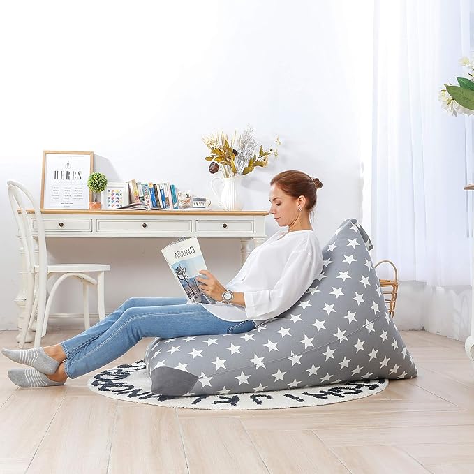 Aubliss Stuffed Animal Storage Bean Bag Chairs Cover, 50"x 35" Extra Large Bean Bags Chair for Kids & Adults, Beanbag Toy Storage for Boys Girls - Premium Cotton Canvas Grey Star