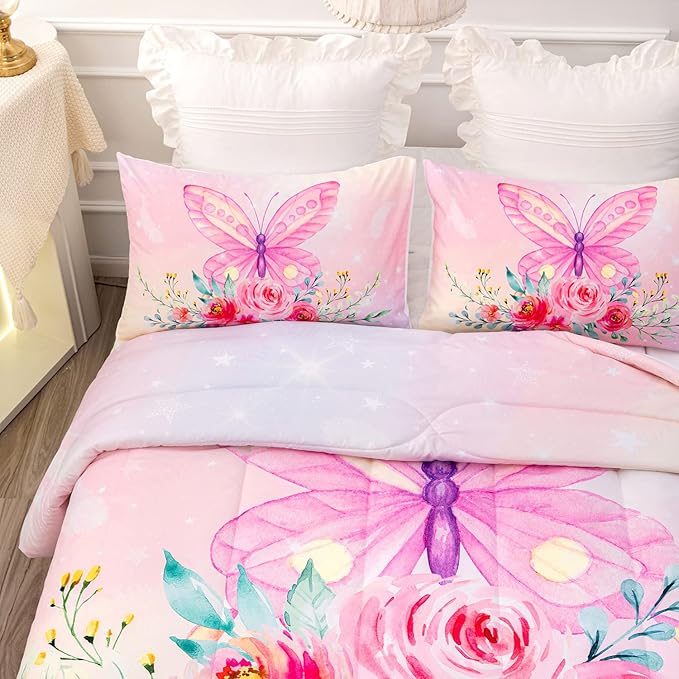 CVHOUSE Butterfly Comforter Set,Floral Butterfly Bedding Set for Girls Kids Teens,Flower Butterflies Comforter Butterflies Duvet Set Room Decor Quilt Set Twin Size
