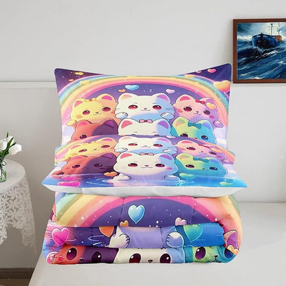Rainbow Cat Comforter Twin Size - Rainbow Cat Bedding for Girls Room Cute Cartoon Rainbow Bedding Twin Comforter Sets for Kids, 1 Comforter+1 Pillowcase