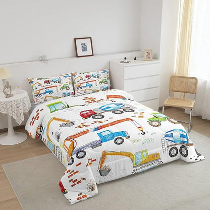 Feelyou Boys Excavator Bedding Set Construction Vehicles Comforter Set for Kids Girls Watercolor Tractor Crane Truck Comforter Colorful Design Quilt Set Room 2Pcs Twin Size
